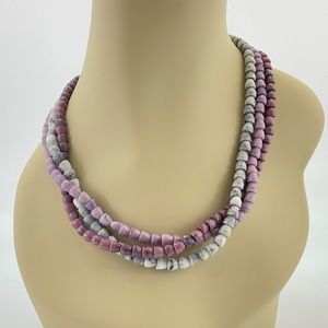 Art Glass Necklace, Purple & Gray, Faux Stone, 3 Strand, Mid Century Modern